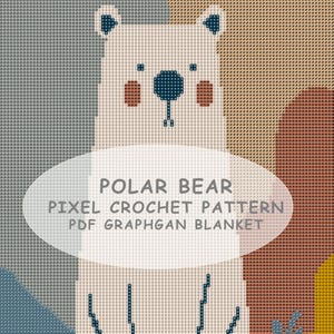May include: A pixelated illustration of a polar bear with a blue nose and ears, and brown cheeks. The image includes the text "POLAR BEAR PIXEL CROCHET PATTERN PDF GRAPHGAN BLANKET" in a white oval.