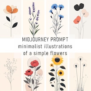 Midjourney PROMPT com IMAGENS para uma ilustração minimalista de uma flor simples em um formato de pôster moderno e estilizado, Imagens de IA, Decoração de parede