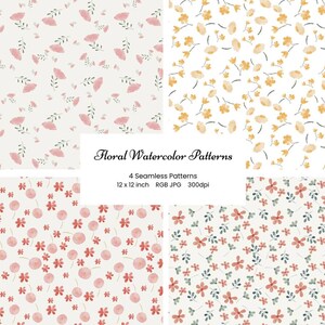 Padrões florais em aquarela sem emendas | 4 papéis digitais | 12 x 12 polegadas | JPG + PDF | 300 DPI