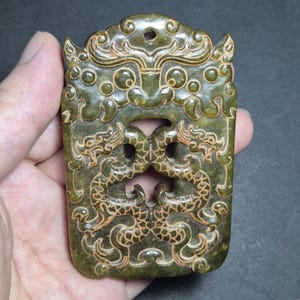 Antique Shang Dynasty Jade Plaque, Ancient Nephrite Pendant With Two Dragon Carving,  Artifact A Powerful  Of Strength And Prosperity