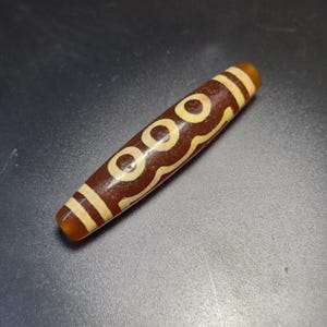 58x12mm Antique Tibetan 5 Eyes Red Blood Dzi Bead, Weathered Ancient Dzi Amulet, Rare Collectible Stone