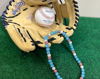 Cotton Candy Themed Baseball Sports Drip Rhinestone Beaded Necklace