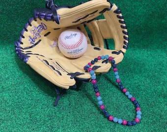 Navy/Pink/Aqua Color Combo Baseball Sports Drip Rhinestone Beaded Necklace
