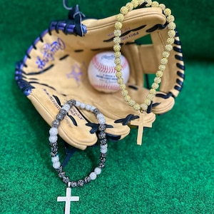 Custom Rhinestone Baseball Softball Beaded Drip Necklace with CROSS Pendant - Sports Theme
