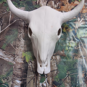 Puede incluir: Un cráneo de toro blanco con cuernos curvos. El cráneo tiene cuencas oculares y aberturas nasales. Los cuernos son largos y ligeramente curvados. El fondo es un patrón de camuflaje.