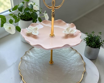 Blush Pink & Gold Two-Tier Serving Tray | Floral Dessert Stand | Elegant Tea Party Decor