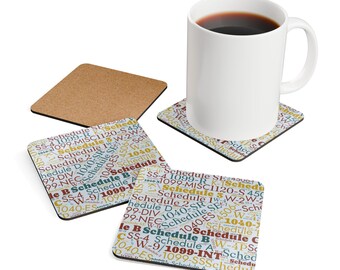 May include: A white ceramic mug filled with coffee sits on a coaster with a repeating pattern of tax form names and numbers. Additional coasters with the same design and a plain cork coaster are also visible.