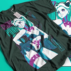 May include: Dark green t-shirt with a futuristic anime-style illustration of a female character with teal hair and accents. The shirt has the words "CYBER PUNK" in a purple and teal font. A tag on the shirt reads "LARGE".