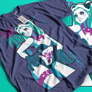 May include: A navy blue t-shirt with a cyberpunk graphic of a female character with teal hair and accents. The design includes the text "CYBER PUNK" in teal and pink, along with Japanese text. A tag with the word "LARGE" is attached.