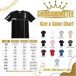 May include: Black Gildan 5000 Unisex T-shirt with a size and colour chart. The chart shows measurements in inches, with a width of 41.9 cm for XS and 81.3 cm for 5XL. Available colours include black, white, and navy.