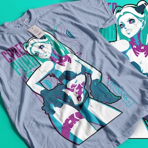 May include: A pale blue t-shirt with a cyberpunk illustration. The design features a female character with teal hair and accents, and the words "CYBER PUNK" in purple and teal. A tag reads "LARGE".
