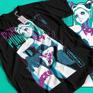 May include: Black t-shirt with a vibrant anime-style illustration of a female character with teal hair and accents. The shirt features the words "CYBER PUNK" in teal and purple, Japanese text, and circuit board-like graphics.