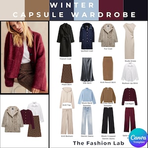 May include: A winter capsule wardrobe guide titled Winter Capsule Wardrobe by The Fashion Lab. It displays a collection of clothing including a trench coat, quilted coat, fur coat, nude dress, plaid skirt, silk skirt, knit pencil skirt, button up shirt, knit top, mock neck sweater, crew neck sweater, cardigan, knit bottom, denim jeans, black cropped denim jeans, and satin pants.