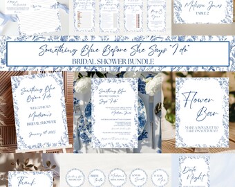 Something Blue Bridal Shower Invitation, Games, and Signs Bundle, Blue Floral Bridal Shower Bundle, Editable Canva Templates