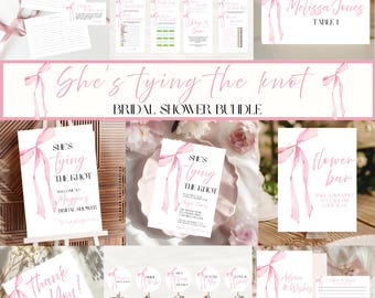 She's Tying the Knot Bridal Shower Invite, Games, and Signs Bundle, Pink Bow Bridal Shower Full Bundle, Editable Canva Templates