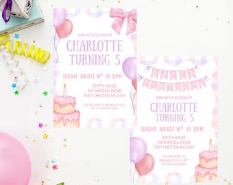 Girls Pink & Purple Birthday Party Invitation Template: Pastel Balloons | Editable Canva Template | Instant Download