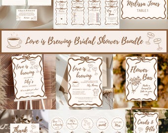 May include: A collection of brown and white bridal shower decorations. The set includes invitation cards, game cards, table cards, signs, and cupcake toppers. The theme is "Love is Brewing" with coffee and champagne glass illustrations.