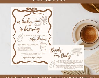 Coffee-Themed Baby Shower Invitation & Books Card (Canva Template)