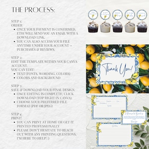 May include: A digital download product with instructions, cupcakes with toppers, and stationery. The instructions detail the process of ordering, editing, and printing. The stationery includes recipe cards and thank you cards, all with a lemon theme.