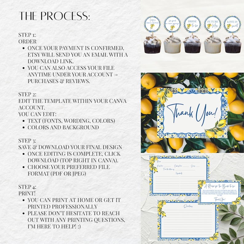 May include: A digital download product with instructions, cupcakes with toppers, and stationery. The instructions detail the process of ordering, editing, and printing. The stationery includes recipe cards and thank you cards, all with a lemon theme.