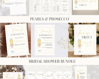 Pearls & Prosecco Bridal Shower Invitation, Games, and Signs Bundle, Canva Templates, Instant Download