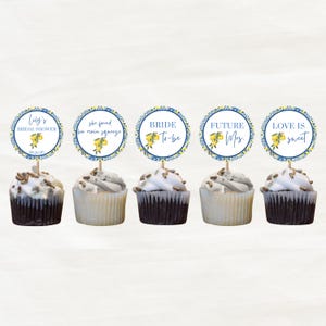 May include: Five cupcakes with white frosting and chocolate cake bases. Each cupcake has a circular topper with text and a lemon design. The toppers read: "Lily's Bridal Shower", "she found her main squeeze", "BRIDE To-be", "FUTURE Mrs.", and "LOVE IS sweet".