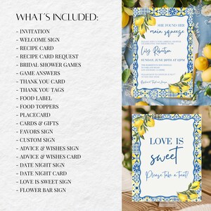 May include: Bridal shower stationery set with lemon and blue tile design. Includes invitations, welcome sign, recipe cards, thank you cards, and more. The invitation reads "She found her main squeeze" and "Love is sweet, please take a treat!"