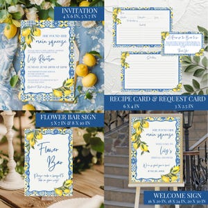 May include: A collection of bridal shower stationery with a lemon theme. Includes an invitation, recipe cards, a flower bar sign, and a welcome sign. The invitation is 4 x 6 inches, the flower bar sign is 5 x 7 inches, and the welcome sign is 16 x 20 inches.