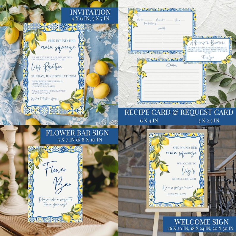 May include: A collection of bridal shower stationery with a lemon theme. Includes an invitation, recipe cards, a flower bar sign, and a welcome sign. The invitation is 4 x 6 inches, the flower bar sign is 5 x 7 inches, and the welcome sign is 16 x 20 inches.