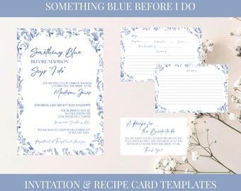 Blue Floral Bridal Shower Invitation & Recipe Card Template (Canva Editable, Digital Download)