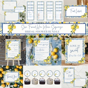 Puede incluir: Un conjunto para despedida de soltera con temática de limón. El conjunto incluye invitaciones, etiquetas de comida, adornos para cupcakes y letreros. Los diseños presentan patrones de azulejos azules y blancos e ilustraciones de limones. El texto "She Found Her Main Squeeze" se muestra de forma destacada.