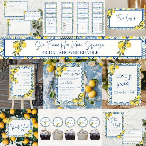 She Found Her Main Squeeze Bridal Shower Invite, Games, & Signs Bundle, Blue Citrus Bridal Shower, Lemon Bridal Shower Bundle