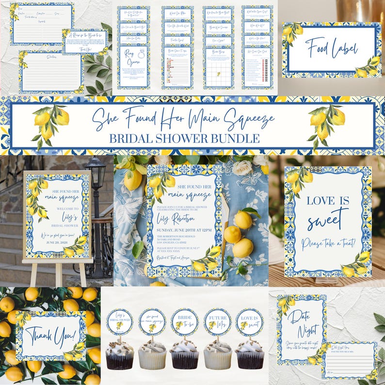 May include: A bridal shower bundle with a lemon theme. The set includes invitations, food labels, cupcake toppers, and signs. The designs feature blue and white tile patterns and lemon illustrations. The text "She Found Her Main Squeeze" is displayed prominently.