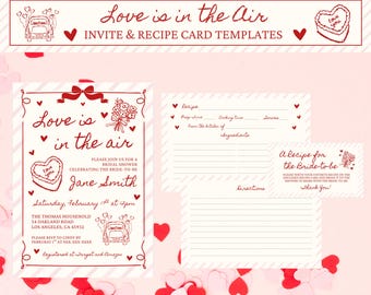 Valentine Bridal Shower Invitation & Recipe Card Bundle (Canva Templates - Digital Download)