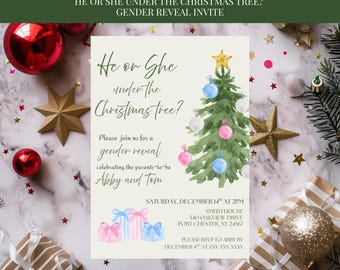 Christmas Gender Reveal Invite: He or She, Under the Tree (Canva Template, Instant Download)