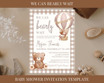 Sjabloon teddybeer babyshower, we can Bearly Wait-thema, bewerkbare canvassjabloon, direct downloaden