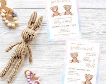 Teddy Bear Gender Reveal Invitation: Pink & Blue Boho Design (Digital Download)