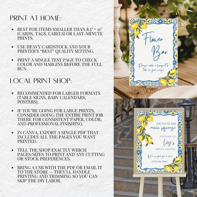 May include: A display of printable signs for a bridal shower and a flower bar. The signs feature lemon and floral designs with text. One sign reads "Flower Bar" and another says "She found her main squeeze".