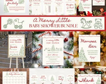 May include: A festive baby shower bundle with a Christmas theme. The set includes invitations, game cards, and a sign. The design features a Christmas tree and other festive elements. The text reads "A Merry Little Baby Shower Bundle."