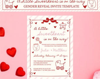 A Little Sweetheart is on the Way Gender Reveal Invite Template, Valentine's Day/February Gender Reveal, Canva Template, Instant Download