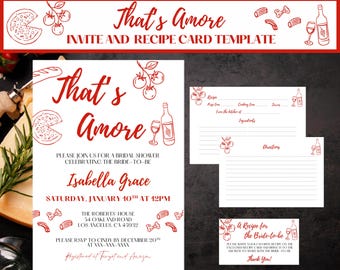 That's Amore Bridal Shower Invitation & Recipe Card Bundle, Italian-themed Bridal Shower, Canva Templates, Instant Download