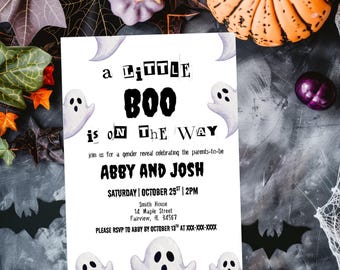Halloween Gender Reveal Einladung: A Little Boo is on the Way (Canva Template)
