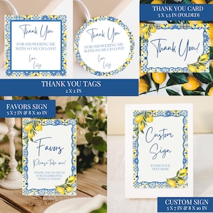 May include: A collection of thank you cards, tags, and signs with a blue and yellow tile design. The cards and signs feature text such as "Thank You" and "Favors". The signs are 5 x 7 inches and 8 x 10 inches.