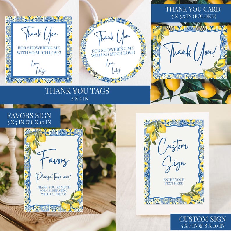 May include: A collection of thank you cards, tags, and signs with a blue and yellow tile design. The cards and signs feature text such as "Thank You" and "Favors". The signs are 5 x 7 inches and 8 x 10 inches.
