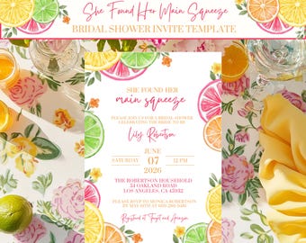 She Found Her Main Squeeze Bridal Shower Invite Template, Colorful Citrus Bridal Shower Theme, Summer Bridal Shower, Editable Canva Template