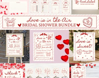 May include: A collection of red and white bridal shower stationery. The bundle includes invitations, games, food labels, welcome signs, cupcake toppers, and thank you cards. The theme is "Love is in the Air" with heart and car illustrations.
