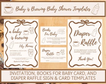 Coffee Baby Shower Invitation Bundle: Books, Diaper Raffle (Editable Canva Template)