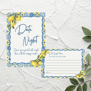 May include: Two-piece set of stationery with a lemon theme. The larger card reads "Date Night" in blue script, with the text "Share your favorite date night ideas with the happy couple!" The smaller card says "Date Night Ideas for the new Mr. & Mrs."