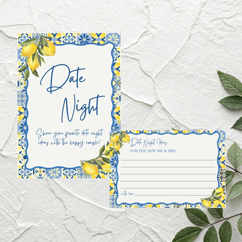 May include: Two-piece set of stationery with a lemon theme. The larger card reads "Date Night" in blue script, with the text "Share your favorite date night ideas with the happy couple!" The smaller card says "Date Night Ideas for the new Mr. & Mrs."