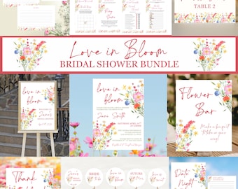 May include: A bridal shower bundle with floral designs. Includes invitations, games, table cards, welcome sign, cupcake toppers, and a "Thank You" card. The theme is "Love in Bloom" with watercolor flowers in pink, yellow, and blue.